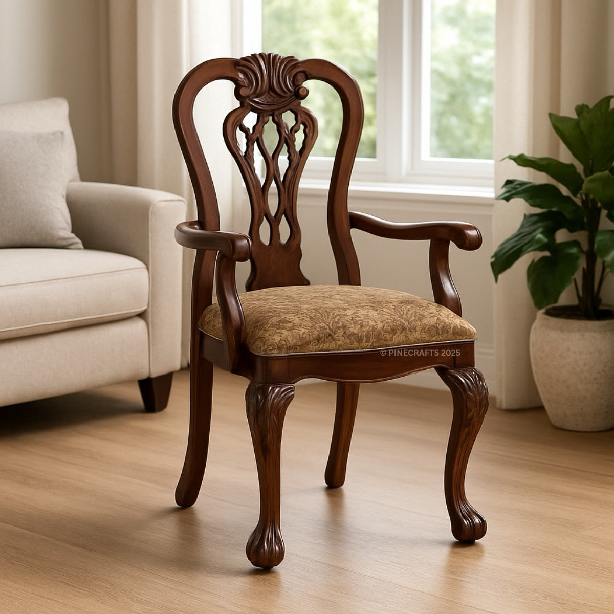 Wooden chair with intricate carvings in a living room setting